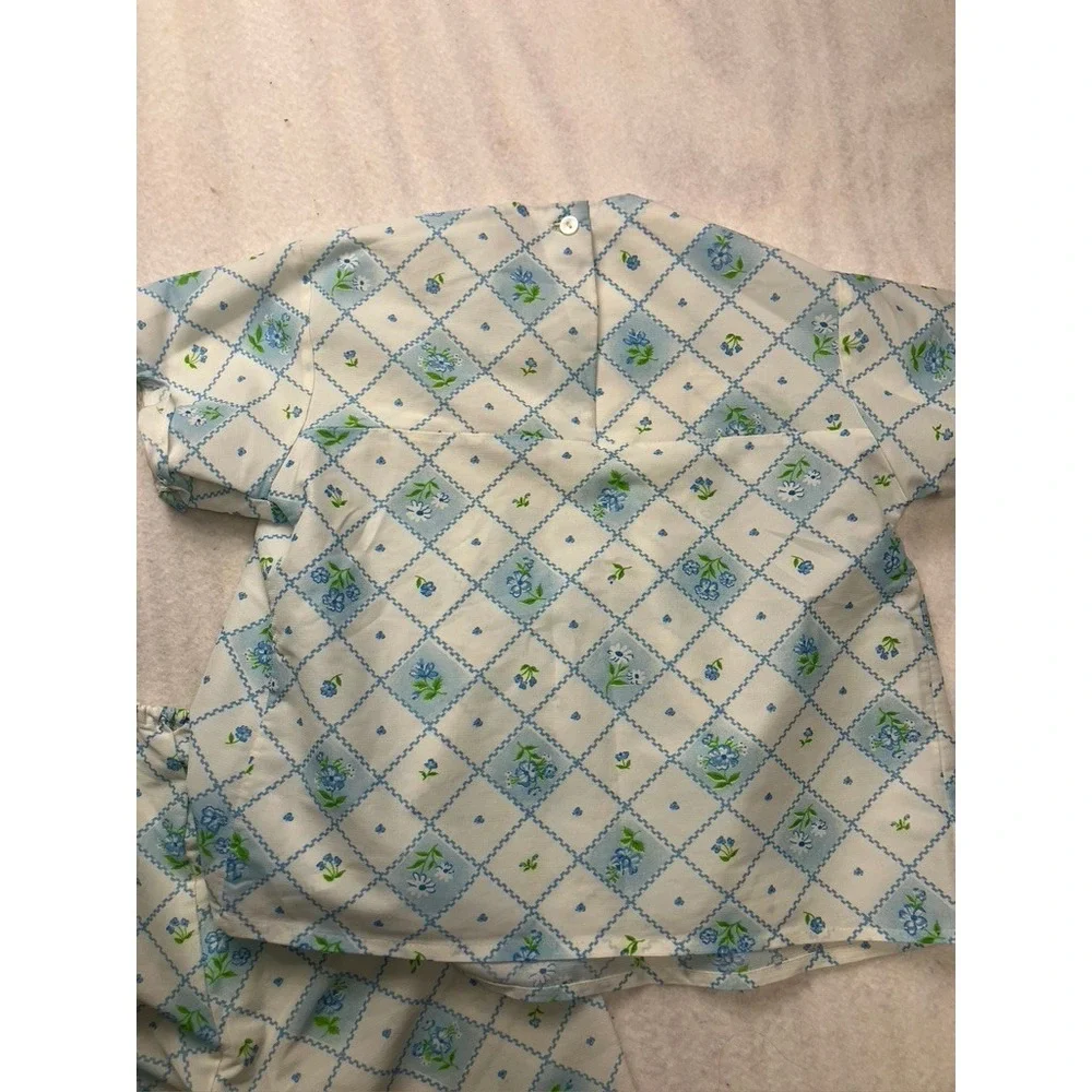 Vintage Pajamas Kids Size 8 Blue White Floral Lace Ruffle 70s Sleepwear‎ Set